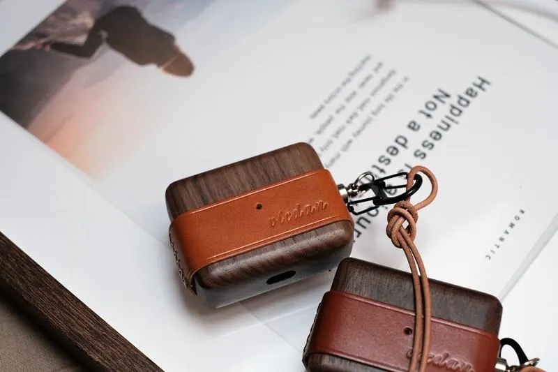 Coffee Wood Leather AirPods Pro Case with Clip Strap Leather Pro AirPods Case Airpod Case Cover