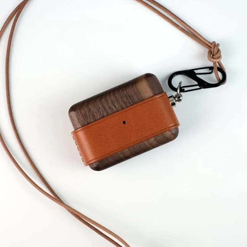 Coffee Wood Leather AirPods Pro Case with Clip Strap Leather Pro AirPods Case Airpod Case Cover